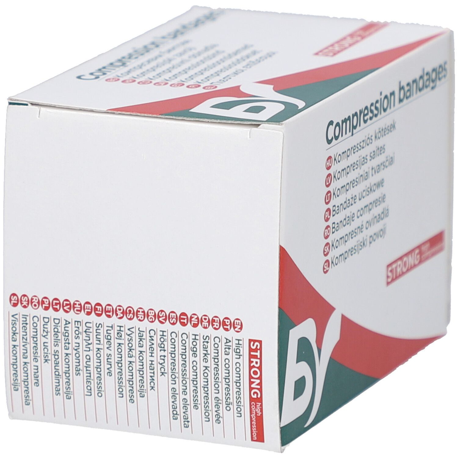 Boîte avec 'Compression bandages' en plusieurs langues. Logo 'BS' et bande rouge. 'STRONG high compression'.