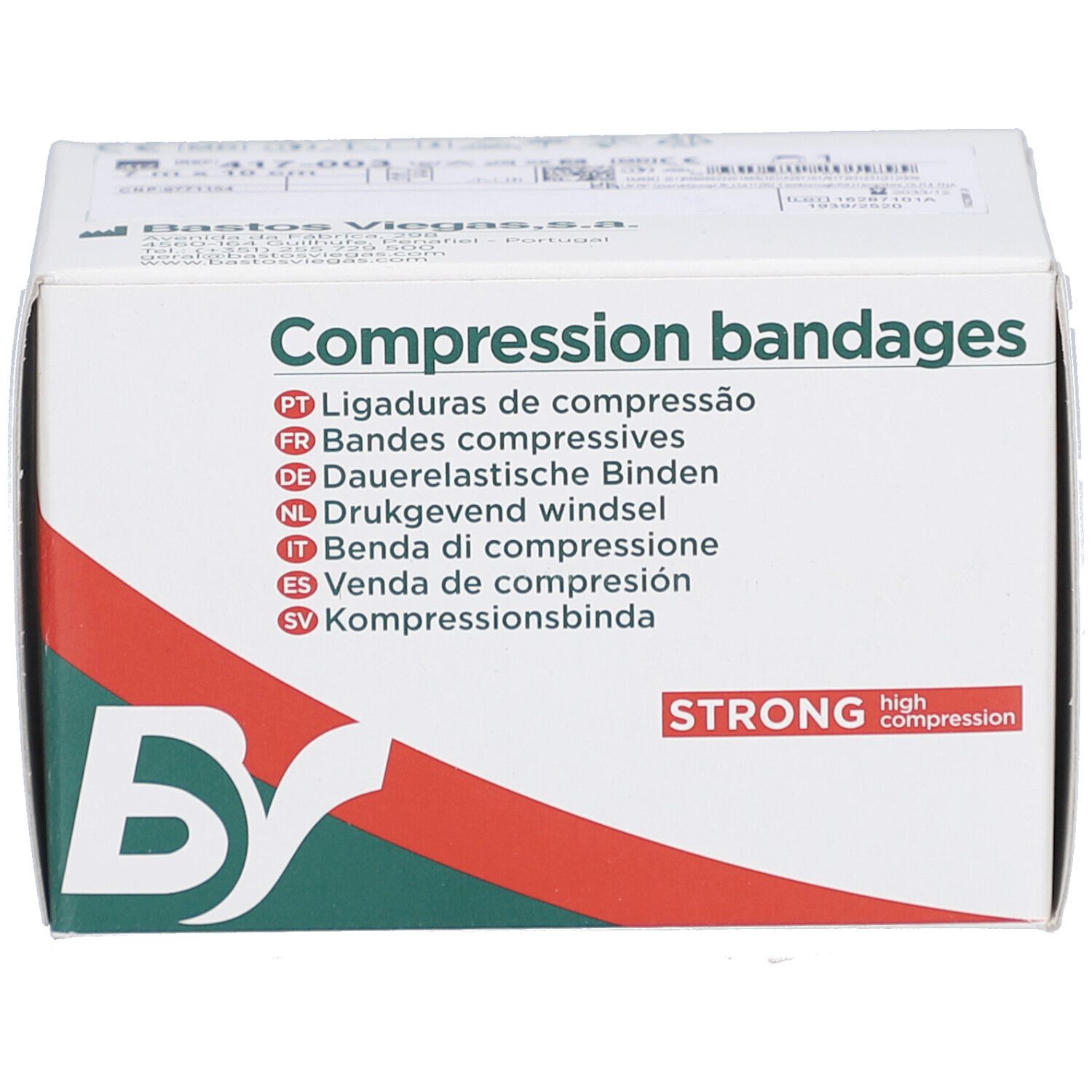 Boîte blanche 'Compression bandages'. Logo 'BS' et bande rouge. Texte 'STRONG high compression'.
