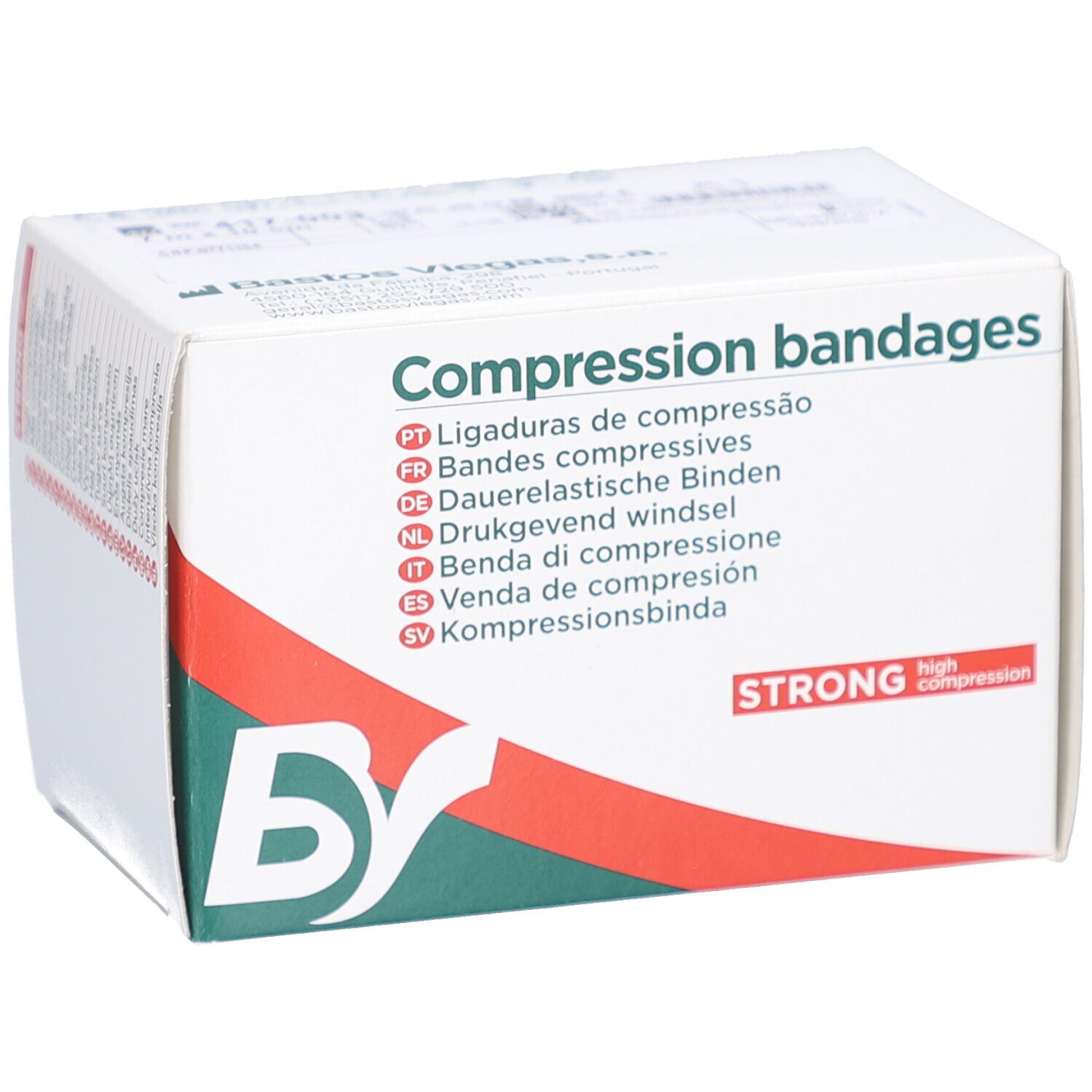 Boîte blanche 'Compression bandages'. Logo 'BS' et bande rouge. Texte 'STRONG high compression'.