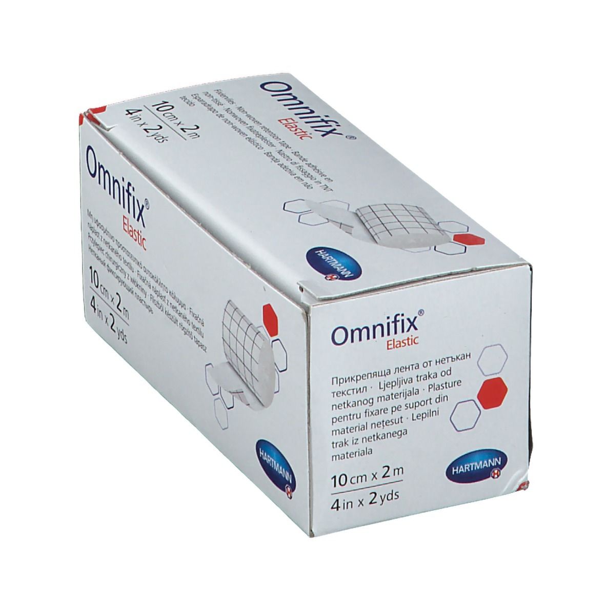 Boîte de fixation élastique Omnifix. 10 cm x 2 m. Marque Hartmann. Inscriptions multilingues.