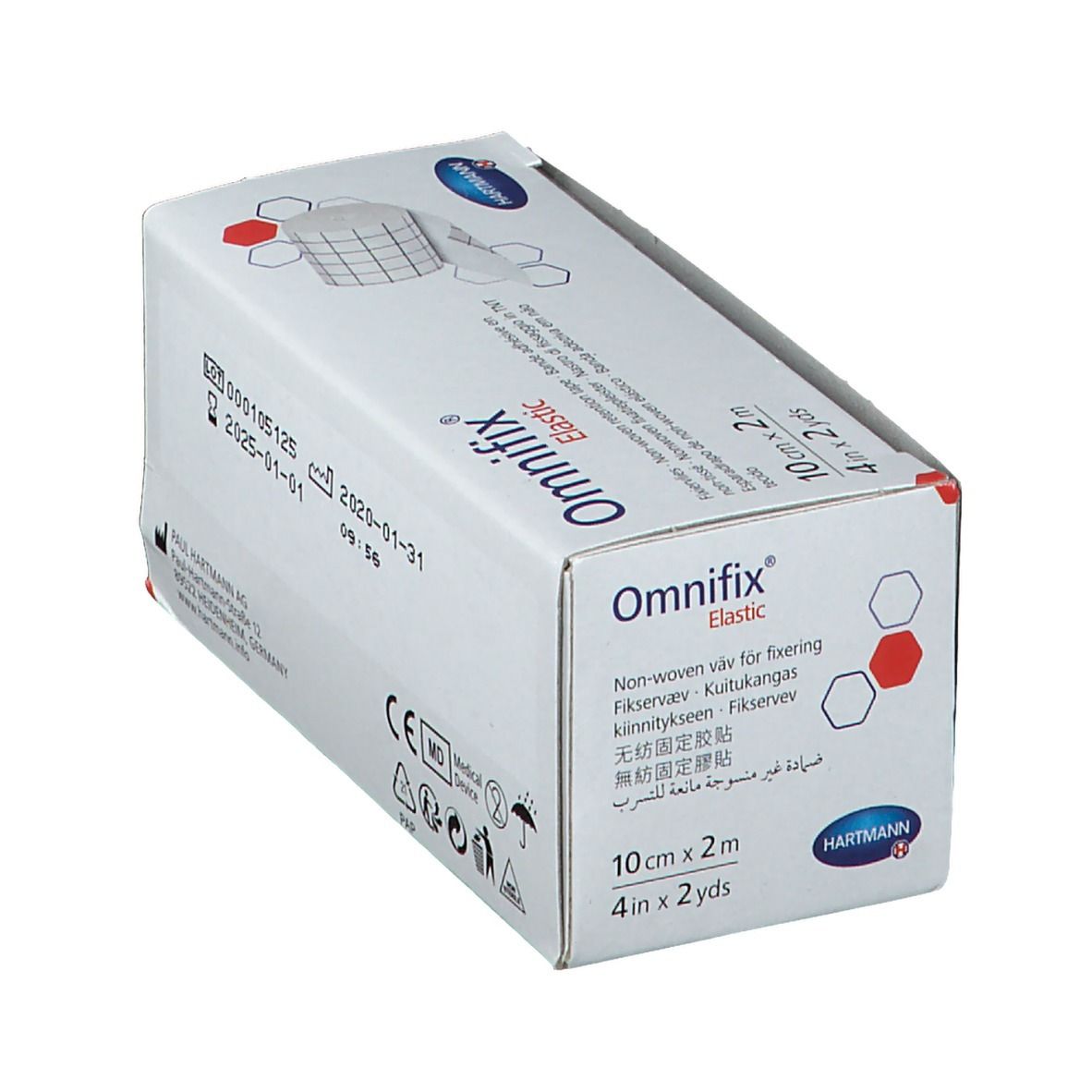 Boîte de fixation élastique Omnifix. 10 cm x 2 m. Marque Hartmann. Inscriptions multilingues.