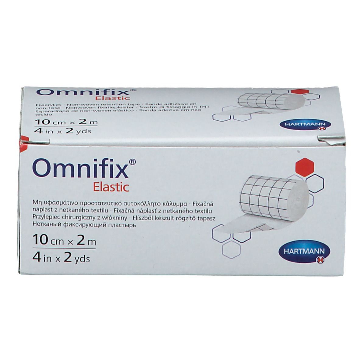 Boîte de fixation élastique Omnifix. 10 cm x 2 m. Marque Hartmann. Inscriptions multilingues.