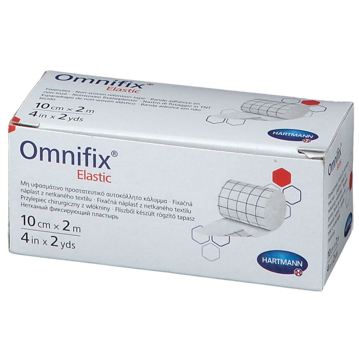 Boîte de fixation élastique Omnifix. 10 cm x 2 m. Marque Hartmann. Inscriptions multilingues.