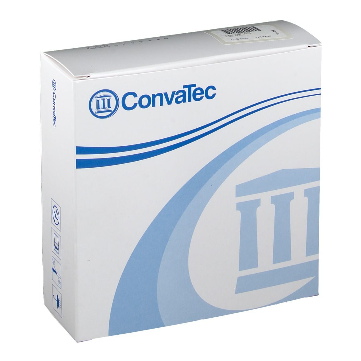 Boîte blanche avec logo ConvaTec bleu et motif ondulé. Un code-barres est visible sur le dessus.