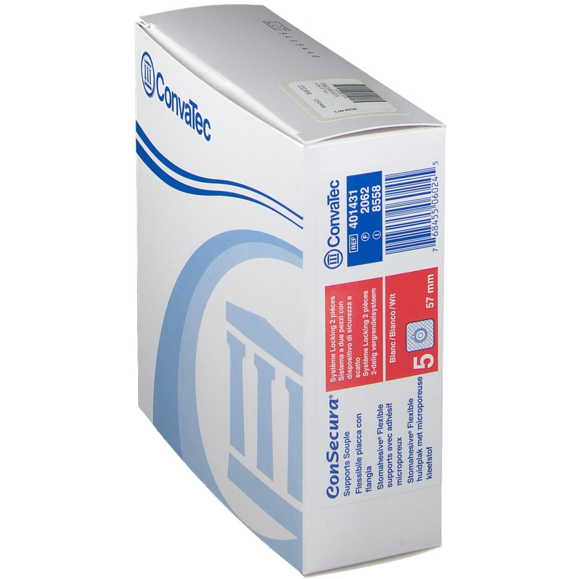 Boîte blanche avec logo ConvaTec et informations produit. Zones rouges et bleues avec nom et taille du produit.
