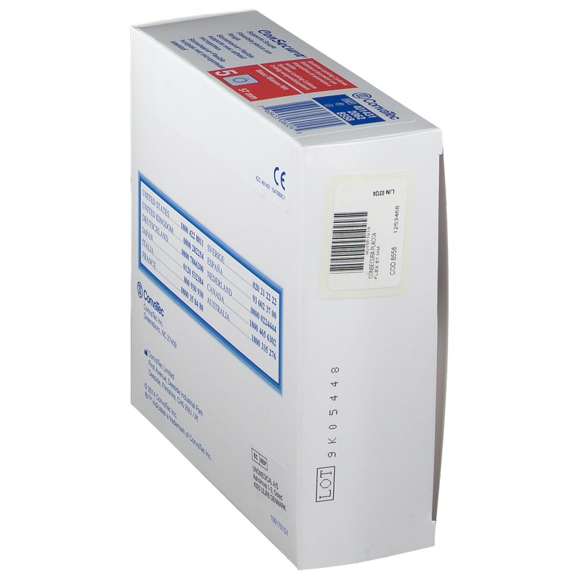 Boîte blanche avec logo ConvaTec et informations produit. Code-barres et marquage CE visibles.