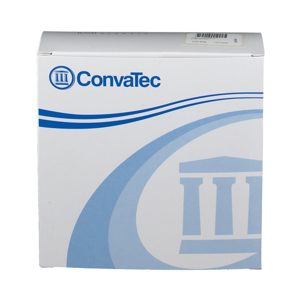 Boîte blanche avec logo ConvaTec bleu et motif ondulé. L'emballage est de forme carrée.
