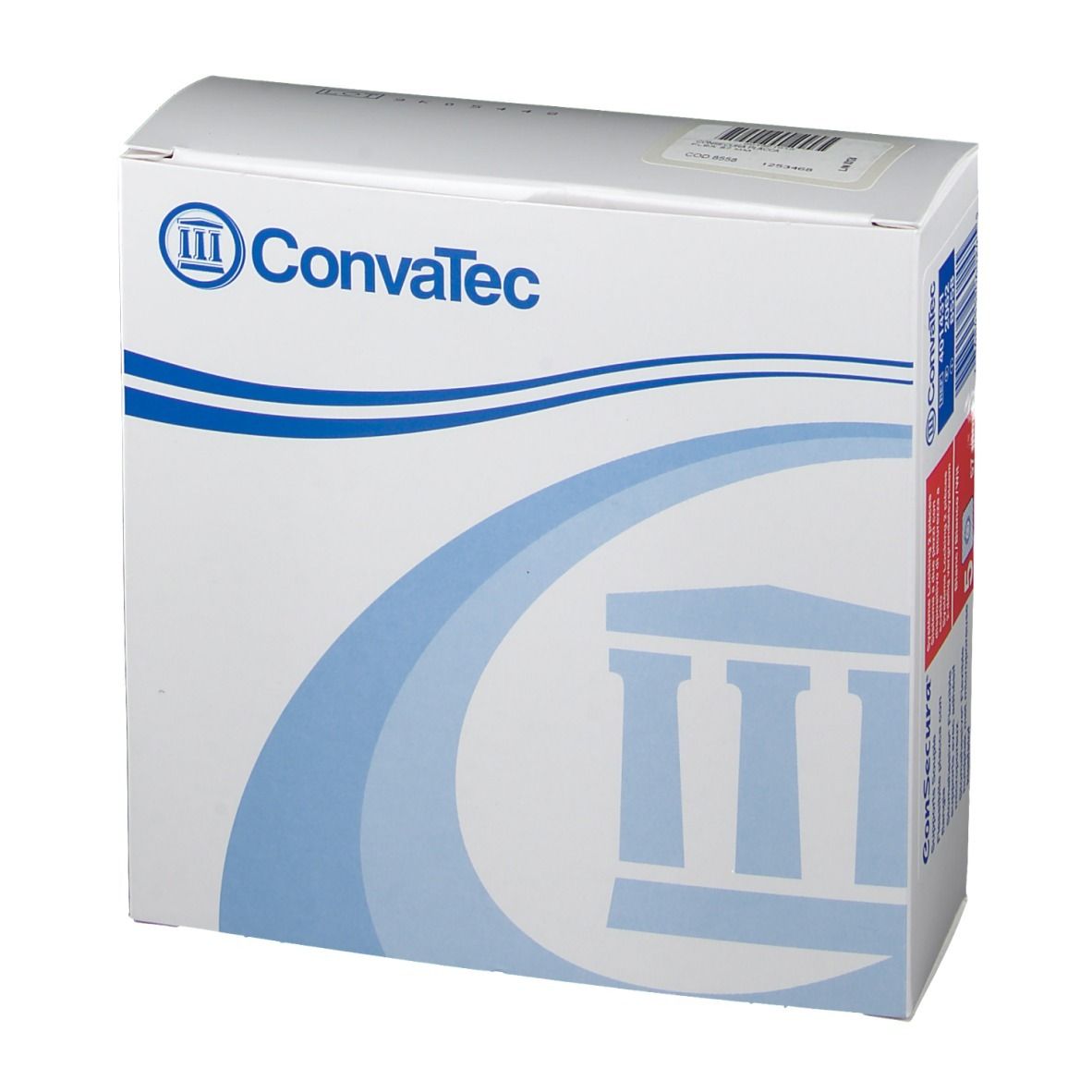 Boîte blanche avec logo ConvaTec et informations produit. Motifs ondulés bleus et noms de produits.
