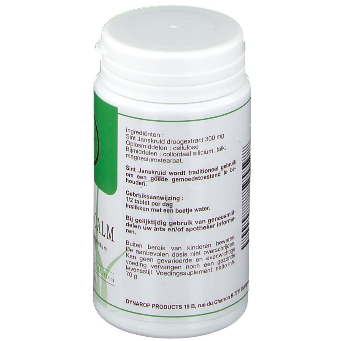 Dos du flacon de comprimés. Texte: ingrédients, mode d'emploi, avertissements. Marque: Dynarop Products. Poids: 70g.