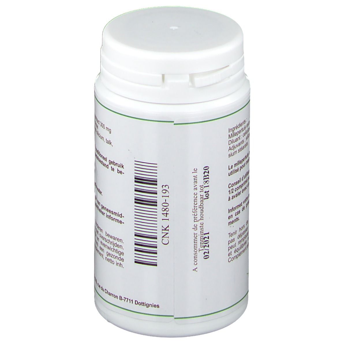 Flacon de comprimés, dos avec code-barres et date de péremption. Texte: CNK 1480-193, à consommer de préférence avant 02/2021.