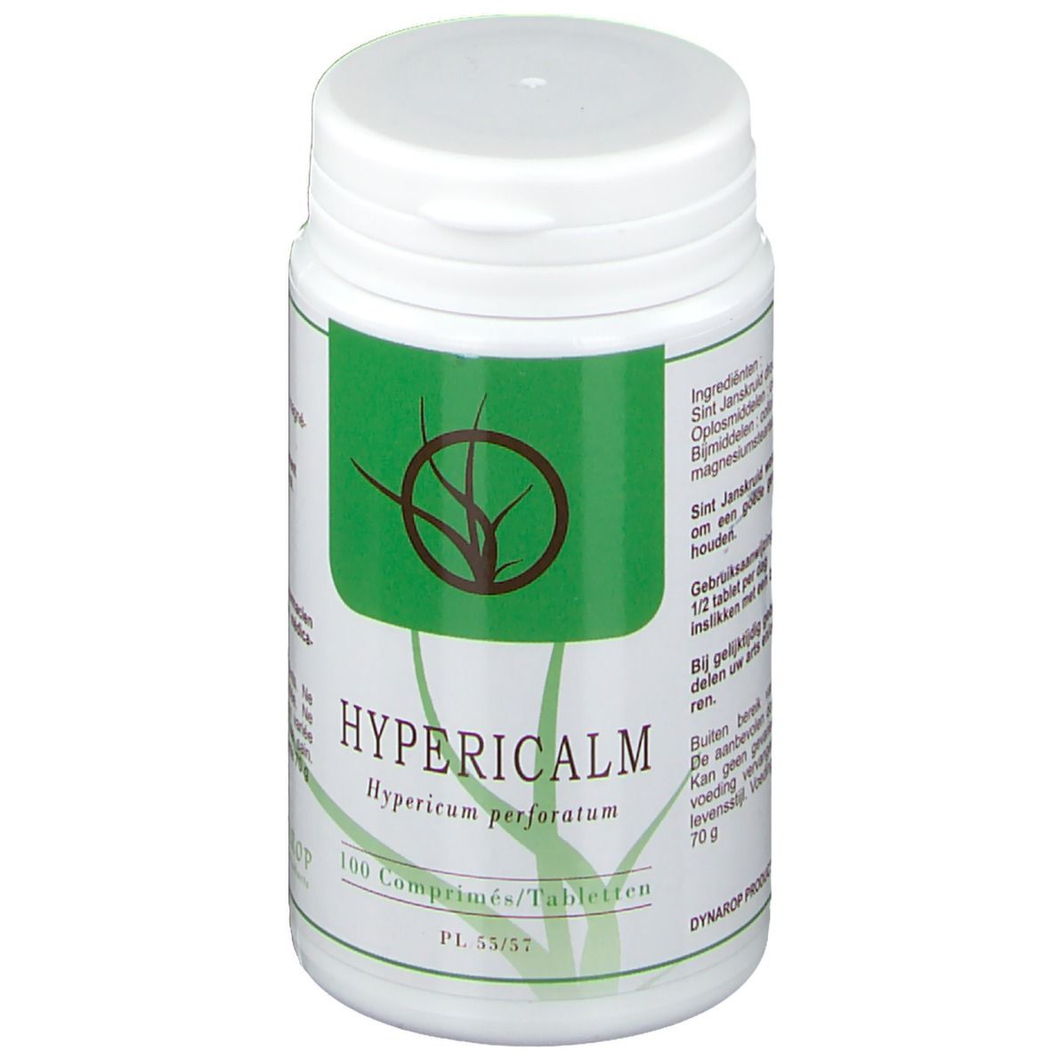 Flacon de comprimés blanc avec étiquette verte. Inscription: Hypericalm, 100 comprimés. Logo: branches brunes dans un cercle.