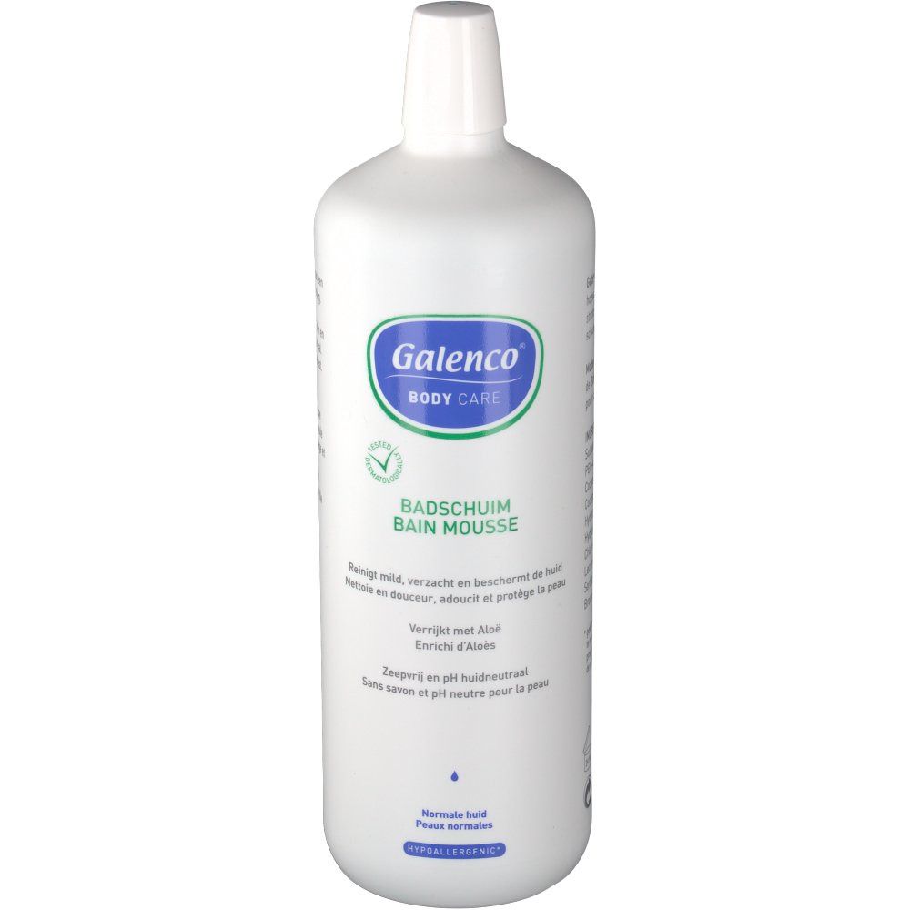 Flacon blanc avec étiquette bleu-vert. Texte: Galenco Body Care, Bain Mousse. Testé contre les allergies.