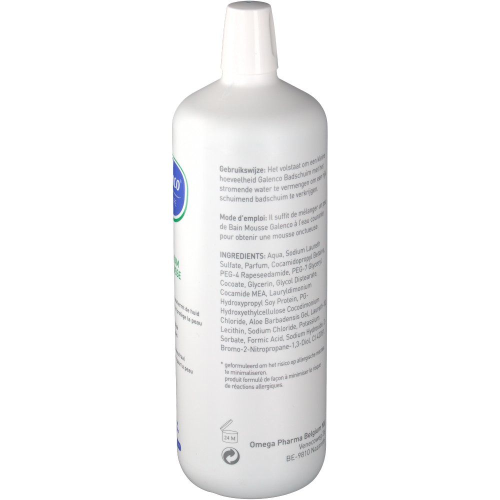 Dos du flacon blanc. Texte: Ingrédients, mode d'emploi. Logo Omega Pharma Belgium.