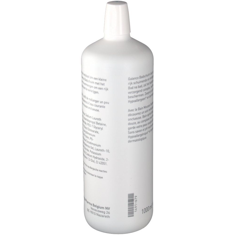 Flacon blanc, dos avec texte. Texte: Galenco Badschaum, ingrédients, informations fabricant, 1000ml.