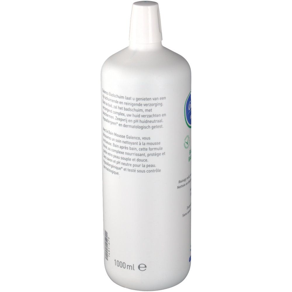 Flacon blanc, dos avec texte. Texte: Galenco Badschaum, 1000 ml, testé dermatologiquement.