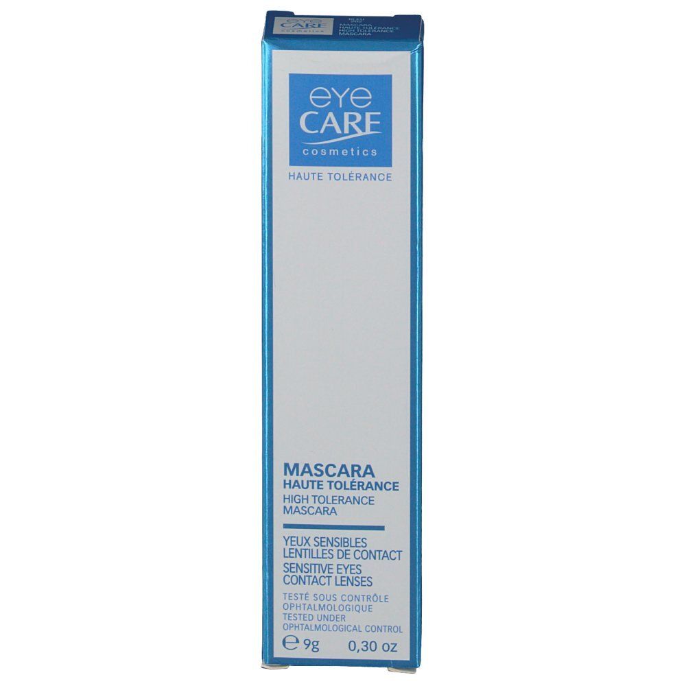 Emballage de mascara bleu. Texte: Eye Care Cosmetics, Haute Tolérance, Mascara, yeux sensibles, lentilles. 9g.