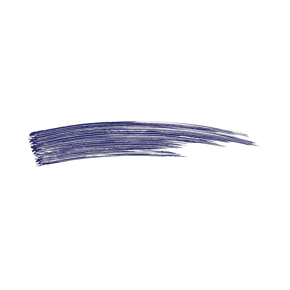 Trait de mascara bleu sur fond blanc. Texture visible.