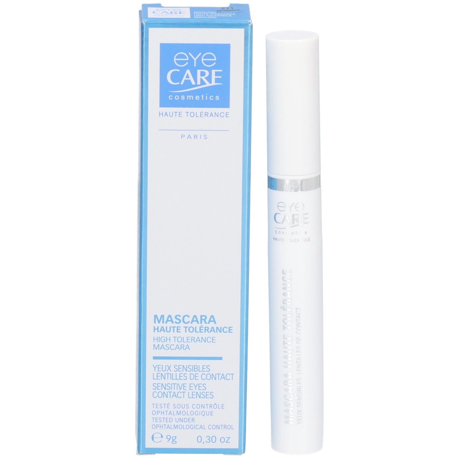 Emballage de mascara avec mascara blanc et boîte bleue. Texte: Eye Care, Haute Tolérance, Paris.