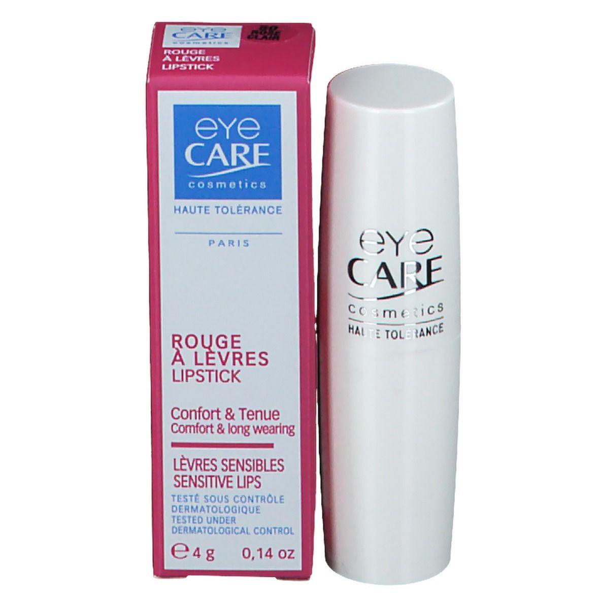 Rouge à lèvres rose clair avec emballage. L'emballage porte les mentions 'Eye Care' et 'Rouge à Lèvres'.