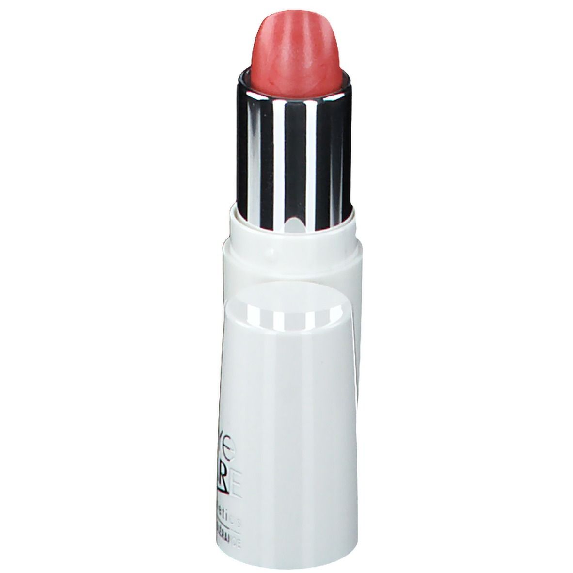 Rouge à lèvres ouvert. Boîtier blanc, manchon argenté, rouge à lèvres rose. Eye Care Cosmetics.