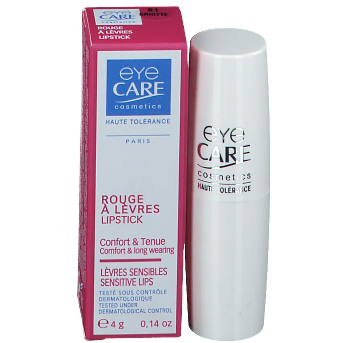 Rouge à lèvres blanc et emballage. Inscription: eyeCARE cosmetics, ROUGE À LÈVRES LIPSTICK.