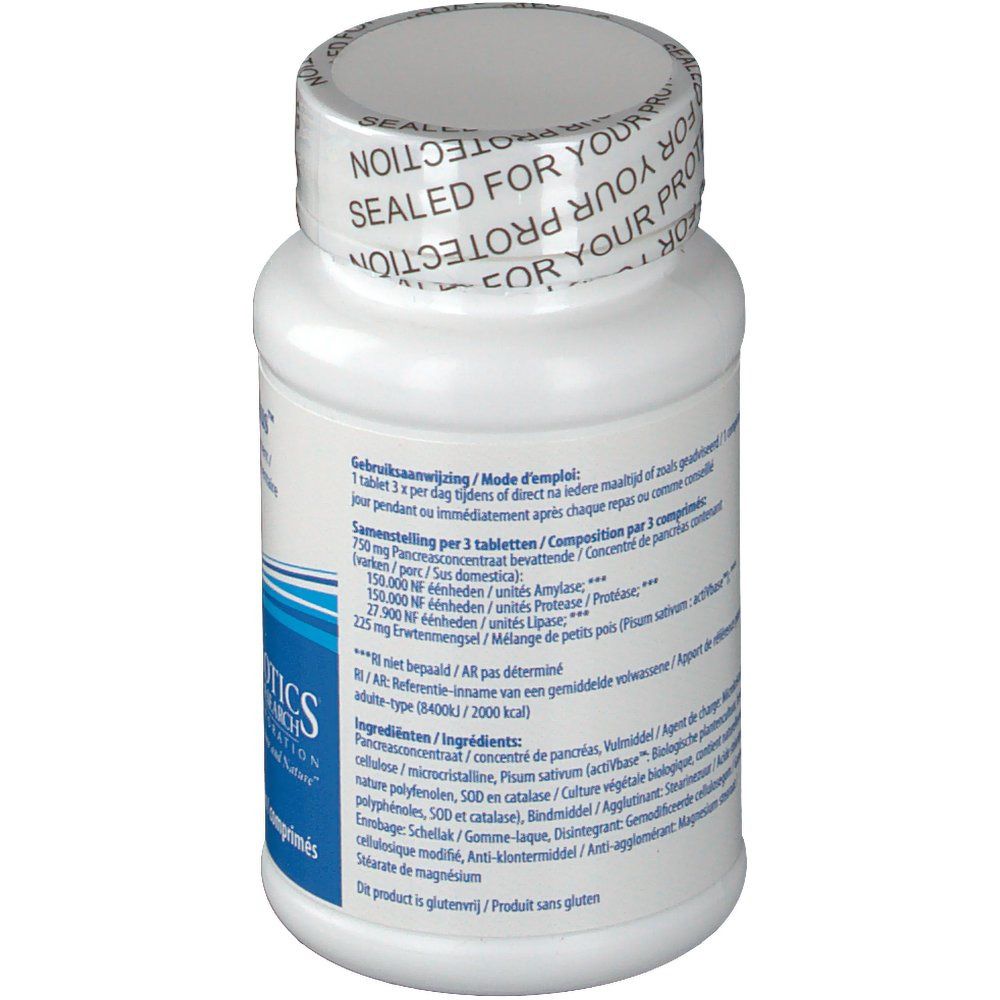 Dos du flacon blanc. Texte avec ingrédients et dosage. Logo 'Biotics Research'. Bouchon avec 'SEALED FOR YOUR PROTECTION'.