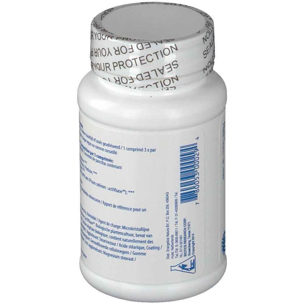 Dos du flacon blanc. Code-barres et texte. Logo 'Biotics Research'. Bouchon avec 'SEALED FOR YOUR PROTECTION'.