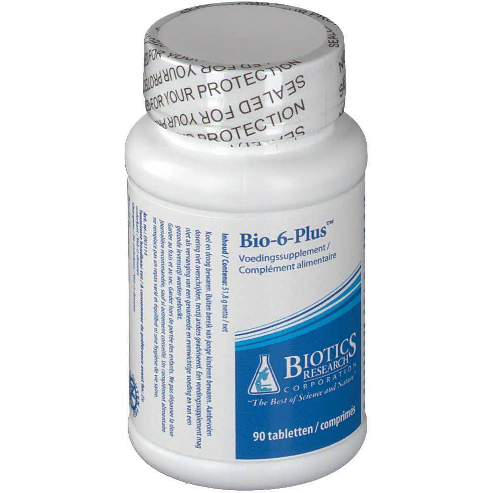 Flacon blanc avec 'Bio-6-Plus' et logo 'Biotics Research'. 90 comprimés. Bouchon avec 'SEALED FOR YOUR PROTECTION'.