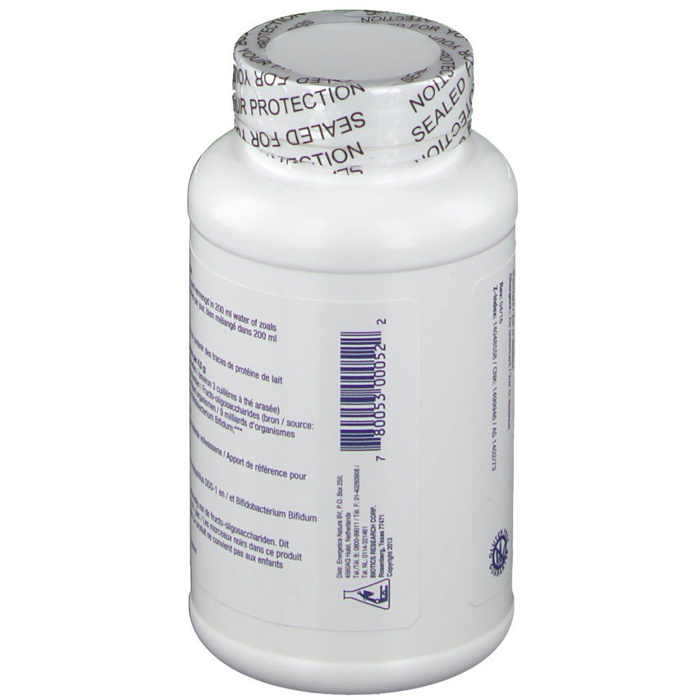 Dos du flacon blanc. Code-barres et texte. Sceau "SEALED FOR YOUR PROTECTION".