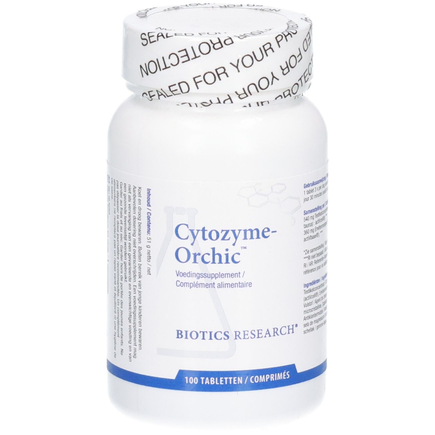 Flacon blanc avec étiquette Cytozyme-Orchic. Contient 100 comprimés. Logo Biotics Research.