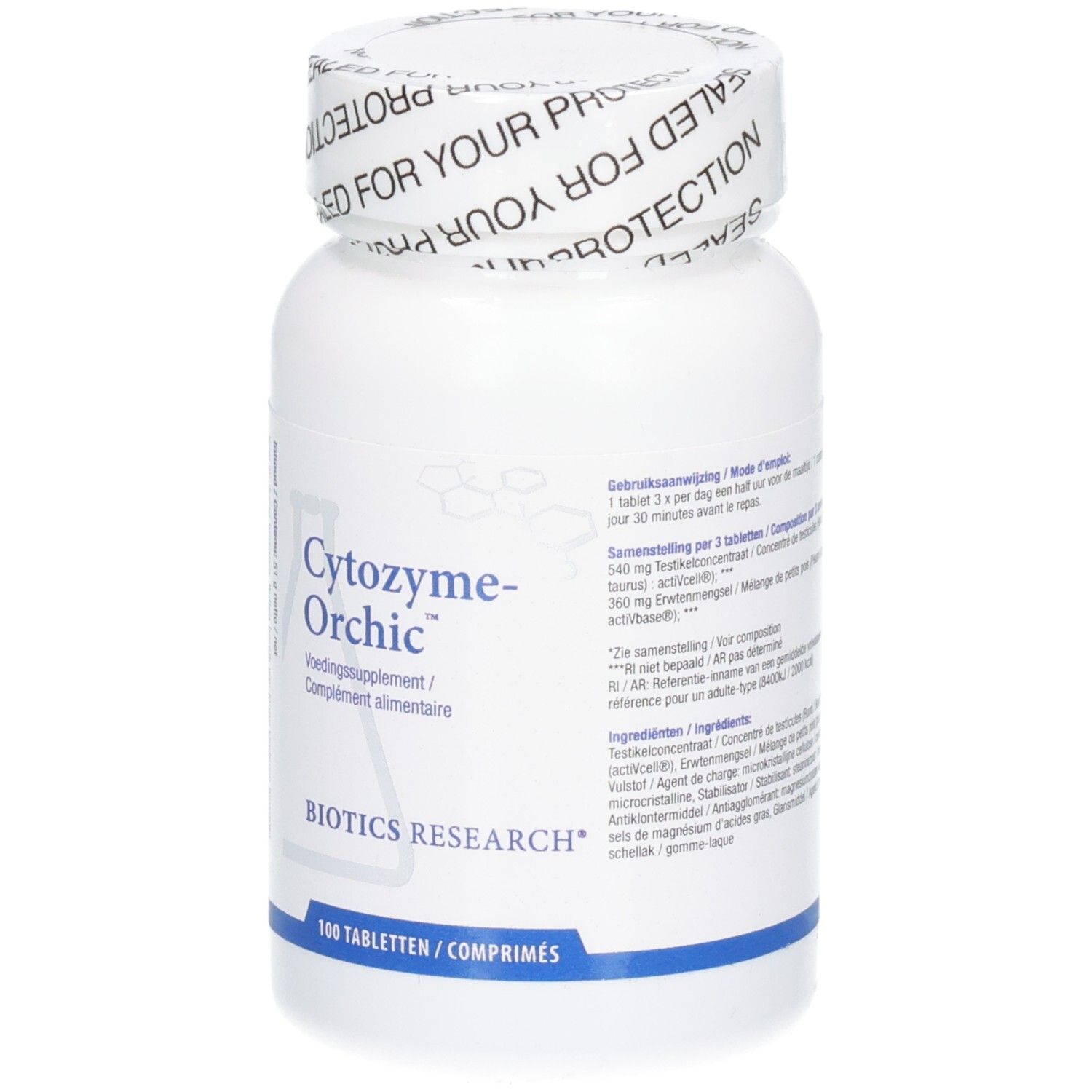 Flacon blanc avec étiquette Cytozyme-Orchic. Contient 100 comprimés. Logo Biotics Research.