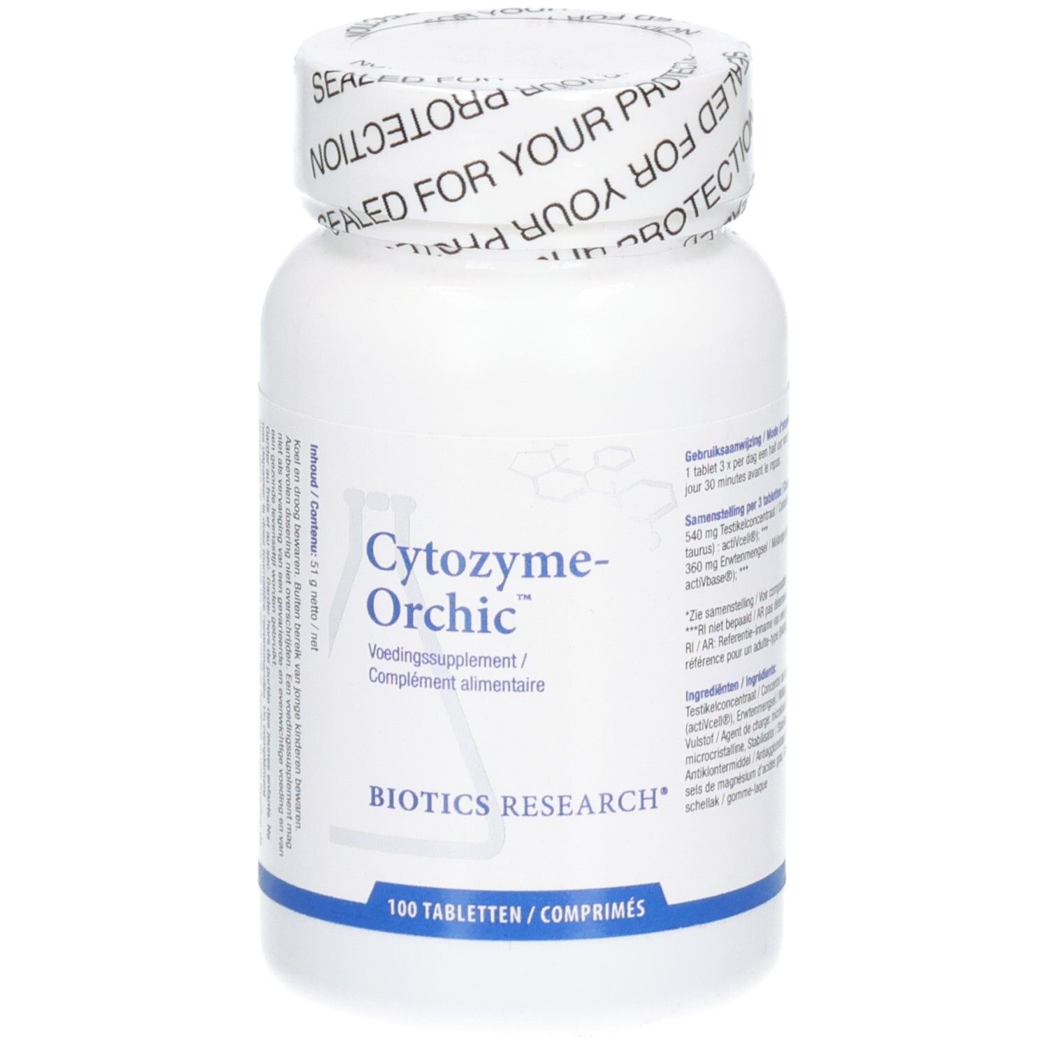 Flacon blanc avec étiquette Cytozyme-Orchic. Contient 100 comprimés. Logo Biotics Research.