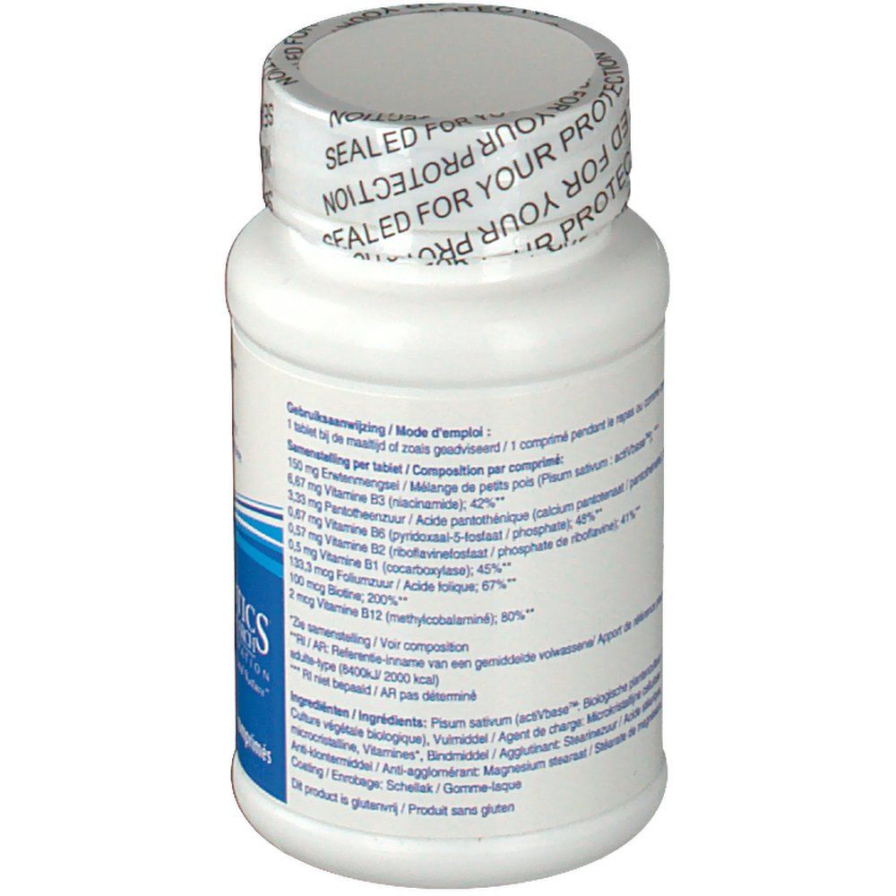 Dos du flacon de comprimés blanc. Texte sur étiquette bleue et blanche. Contient ingrédients et dosage.