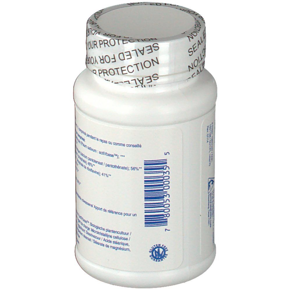 Dos du flacon de comprimés blanc. Texte sur étiquette bleue et blanche. Code-barres et logo.