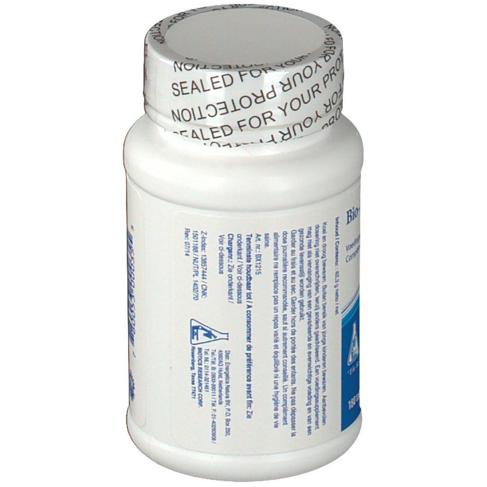 Flacon de comprimés blanc avec texte sur étiquette bleue et blanche. Informations fabricant et logo.