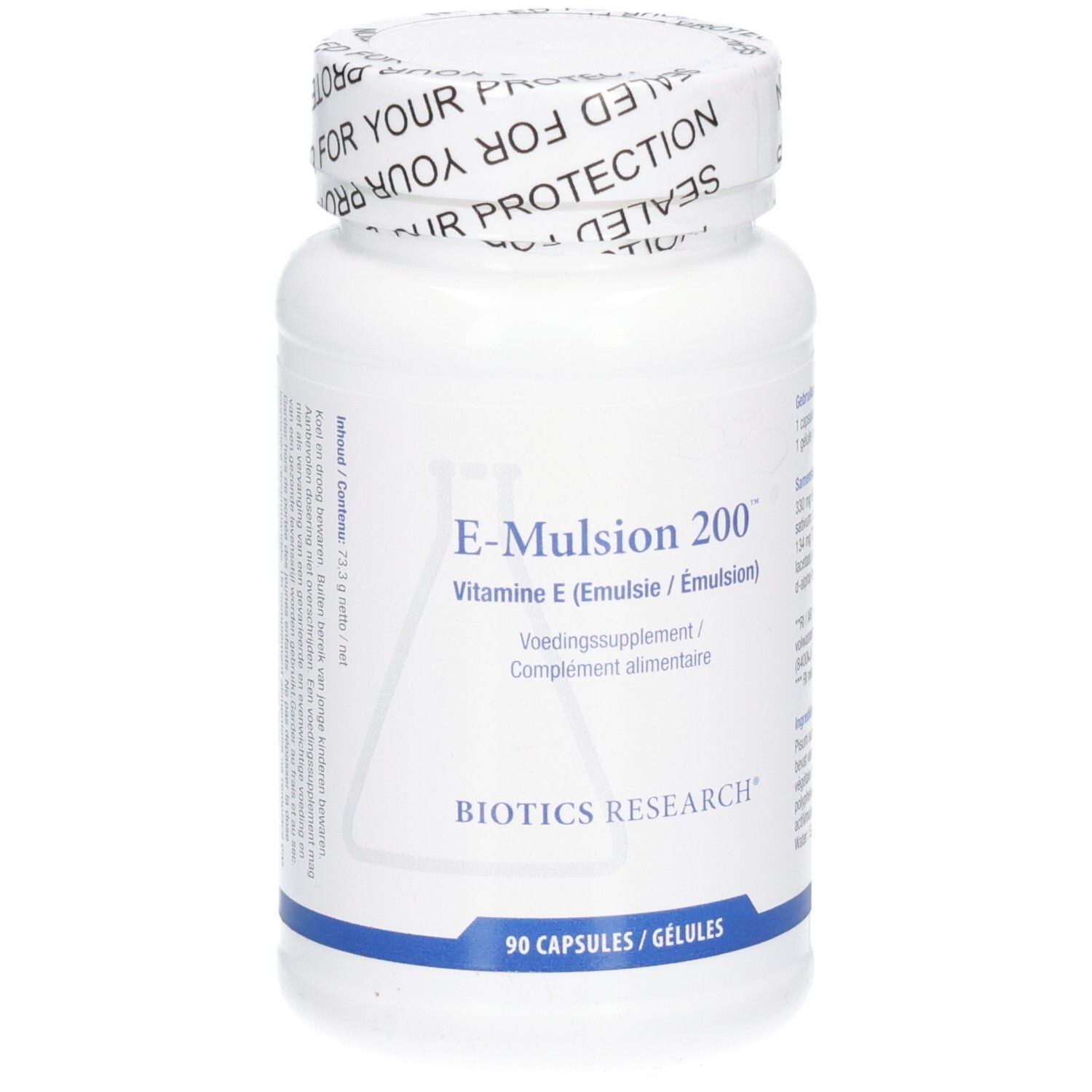 Flacon blanc avec bouchon à vis. Inscription : E-Mulsion 200, Vitamine E. Logo BIOTICS RESEARCH. 90 gélules.