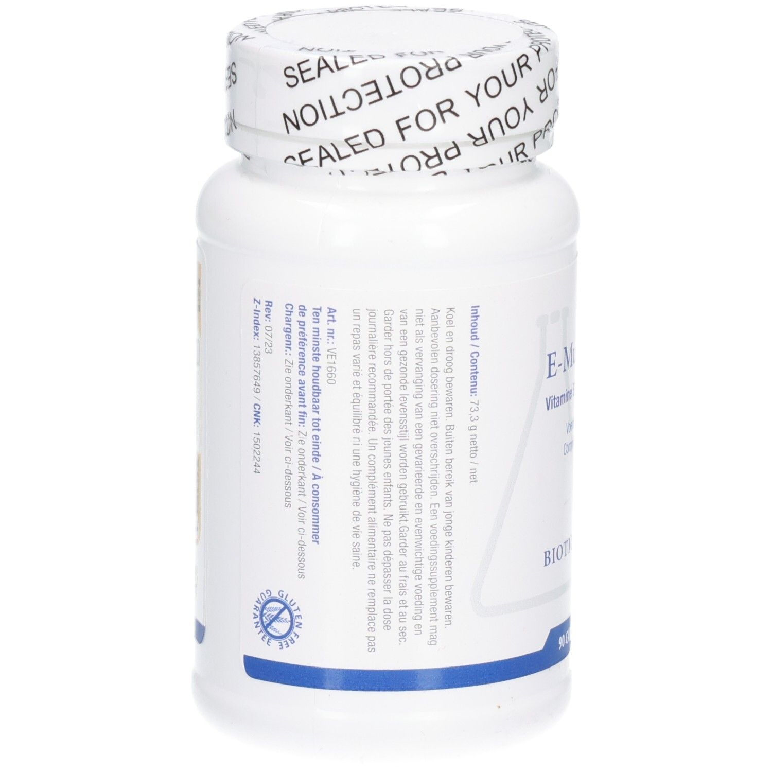 Dos d'un flacon blanc avec bouchon à vis. Texte et logo BIOTICS RESEARCH. 90 gélules.