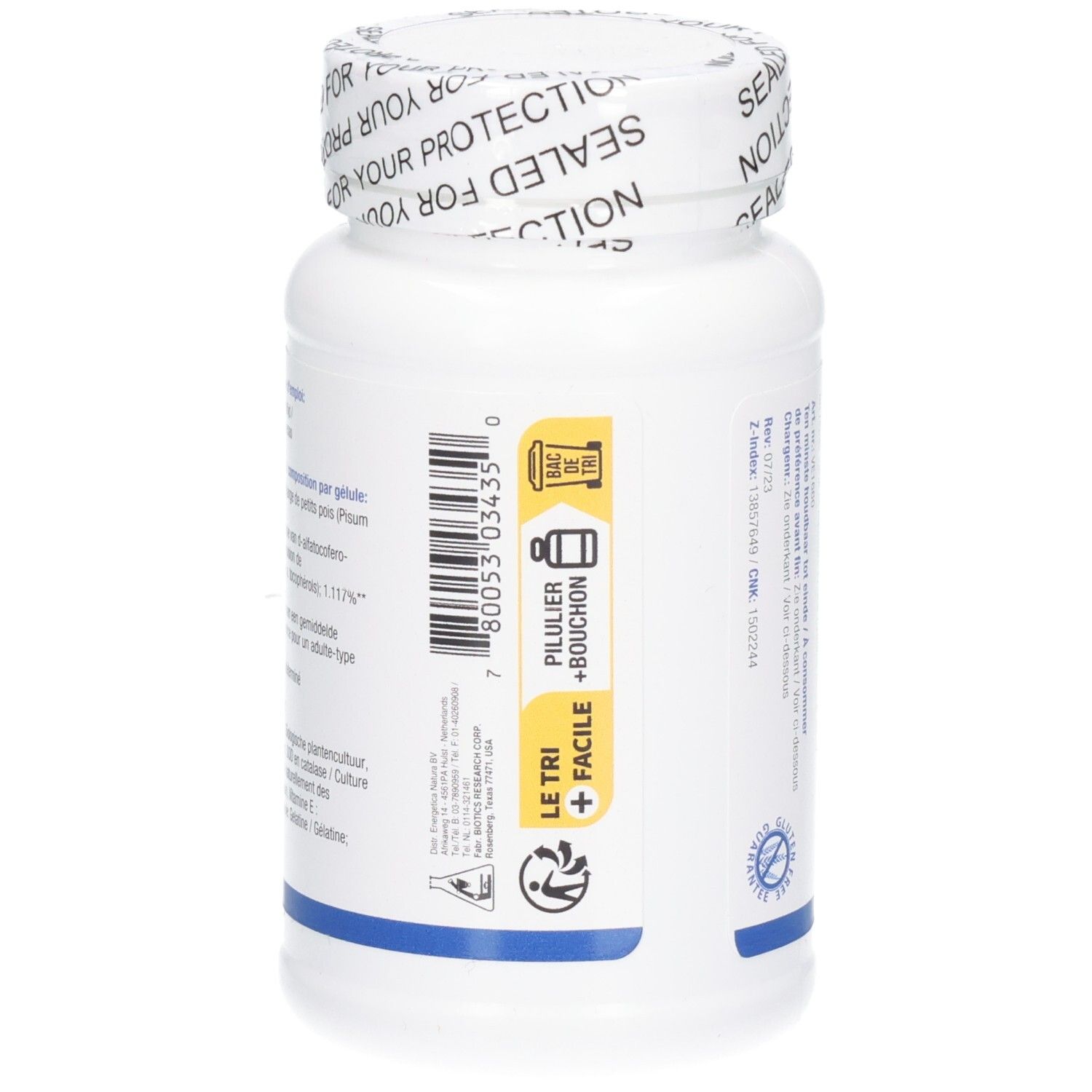 Dos d'un flacon blanc avec bouchon à vis. Texte avec ingrédients et logo BIOTICS RESEARCH.