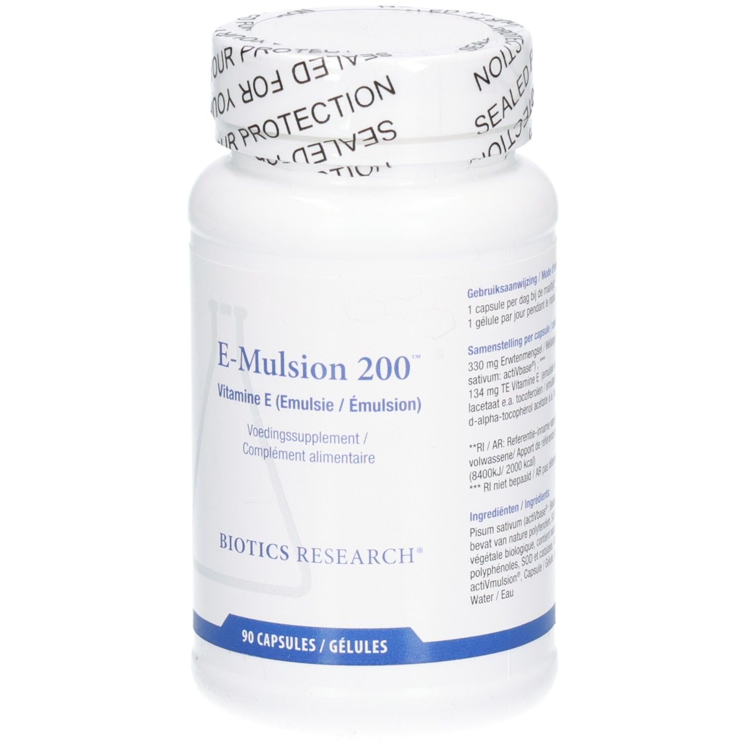 Flacon blanc avec bouchon à vis. Inscription : E-Mulsion 200, Vitamine E. Logo BIOTICS RESEARCH. 90 gélules.