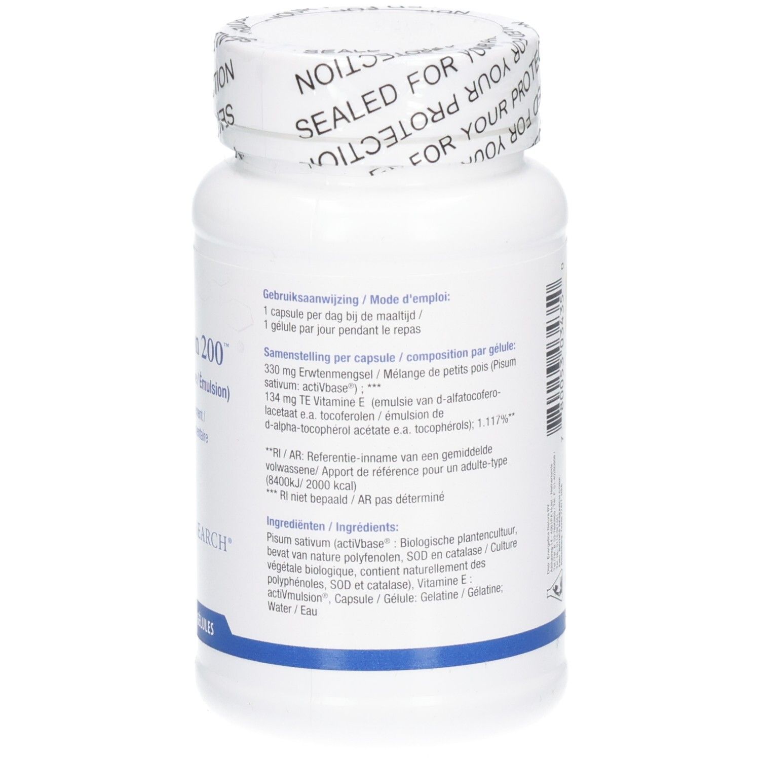 Dos d'un flacon blanc avec bouchon à vis. Texte avec ingrédients et logo BIOTICS RESEARCH.