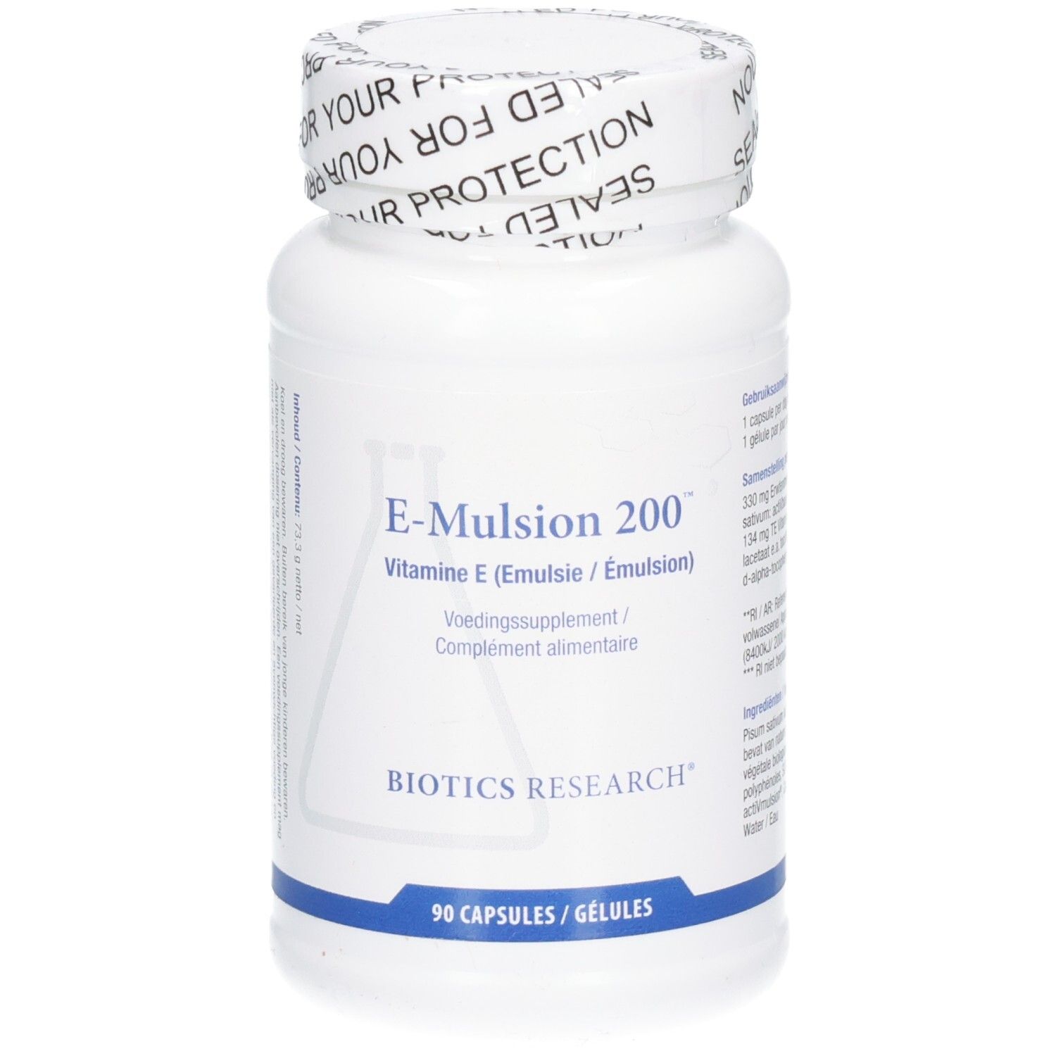 Flacon blanc avec bouchon à vis. Inscription : E-Mulsion 200, Vitamine E. Logo BIOTICS RESEARCH. 90 gélules.