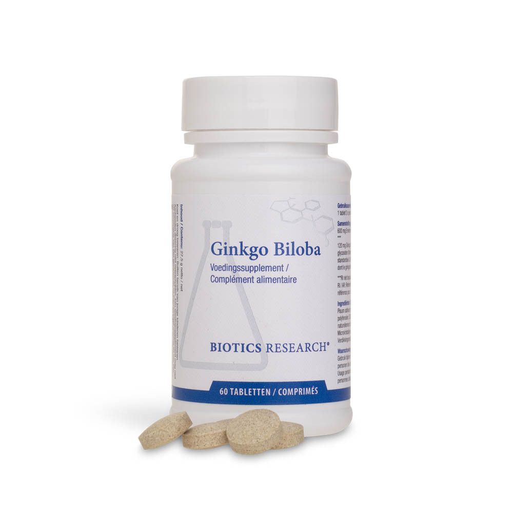 Flacon blanc de Ginkgo Biloba. Inscription: BIOTICS RESEARCH, 60 comprimés. Comprimés à côté.