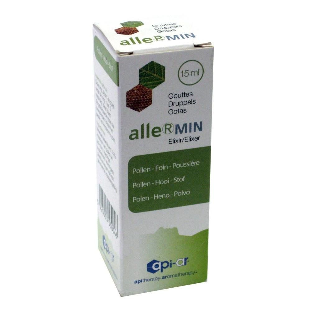 Boîte en carton avec le nom du produit allerRMIN. Contient 15 ml. Texte en français, néerlandais et espagnol.