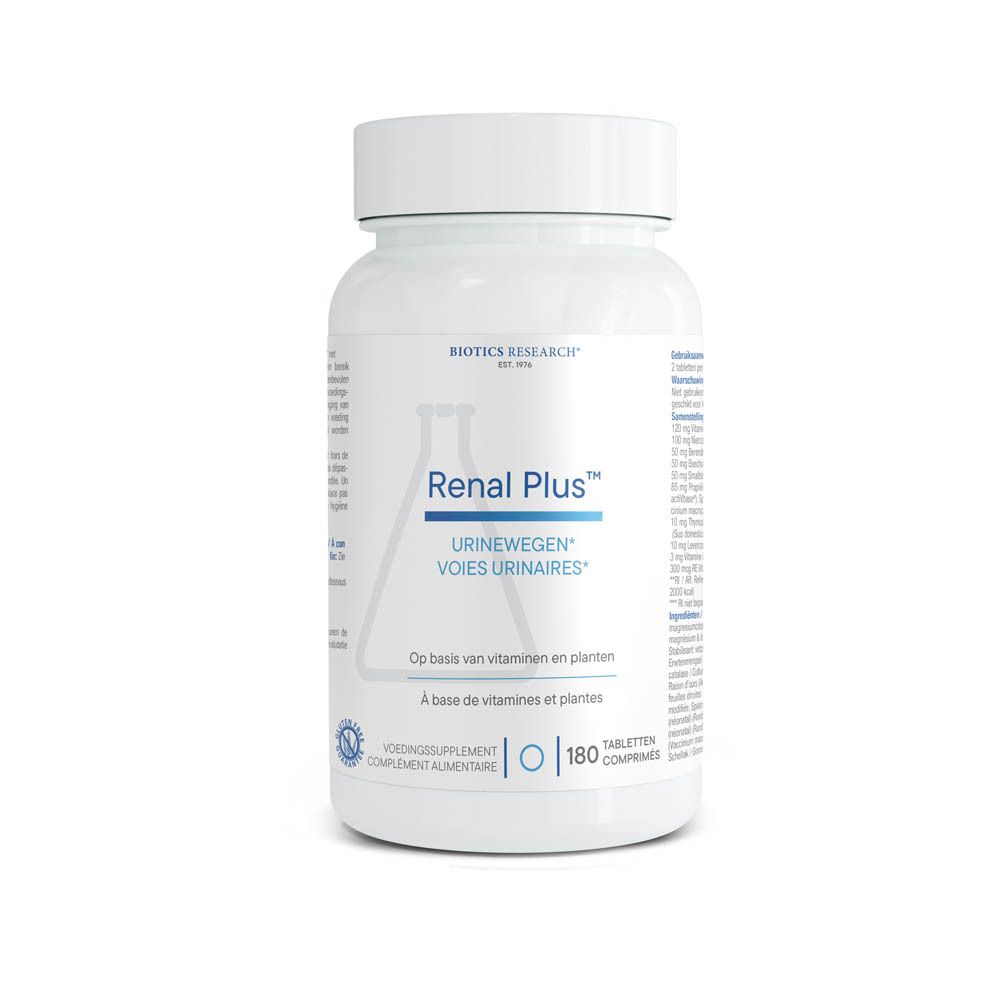 Bouteille blanche de compléments alimentaires Renal Plus Biotics pour voies urinaires. Contient 180 comprimés.
