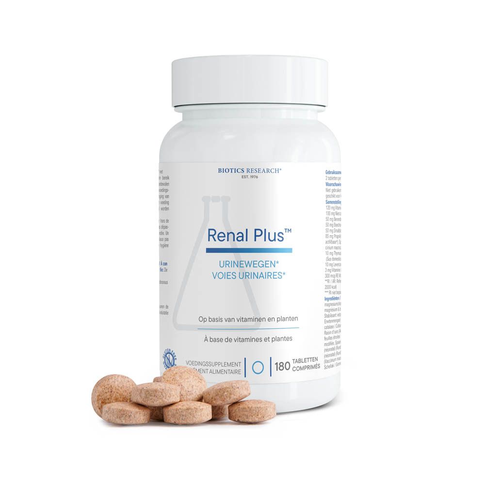 Bouteille blanche de compléments alimentaires Renal Plus Biotics pour voies urinaires avec quelques comprimés devant. Contient 180 comprimés.