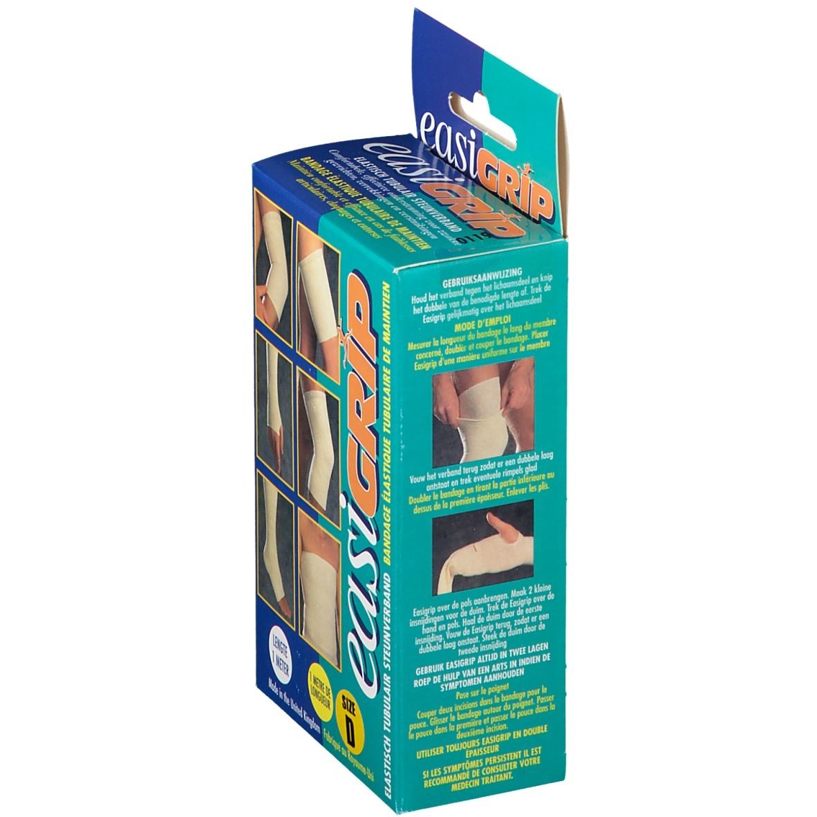 Dos de l'emballage Easigrip. Montre des exemples d'application et des instructions d'utilisation. Texte multilingue.