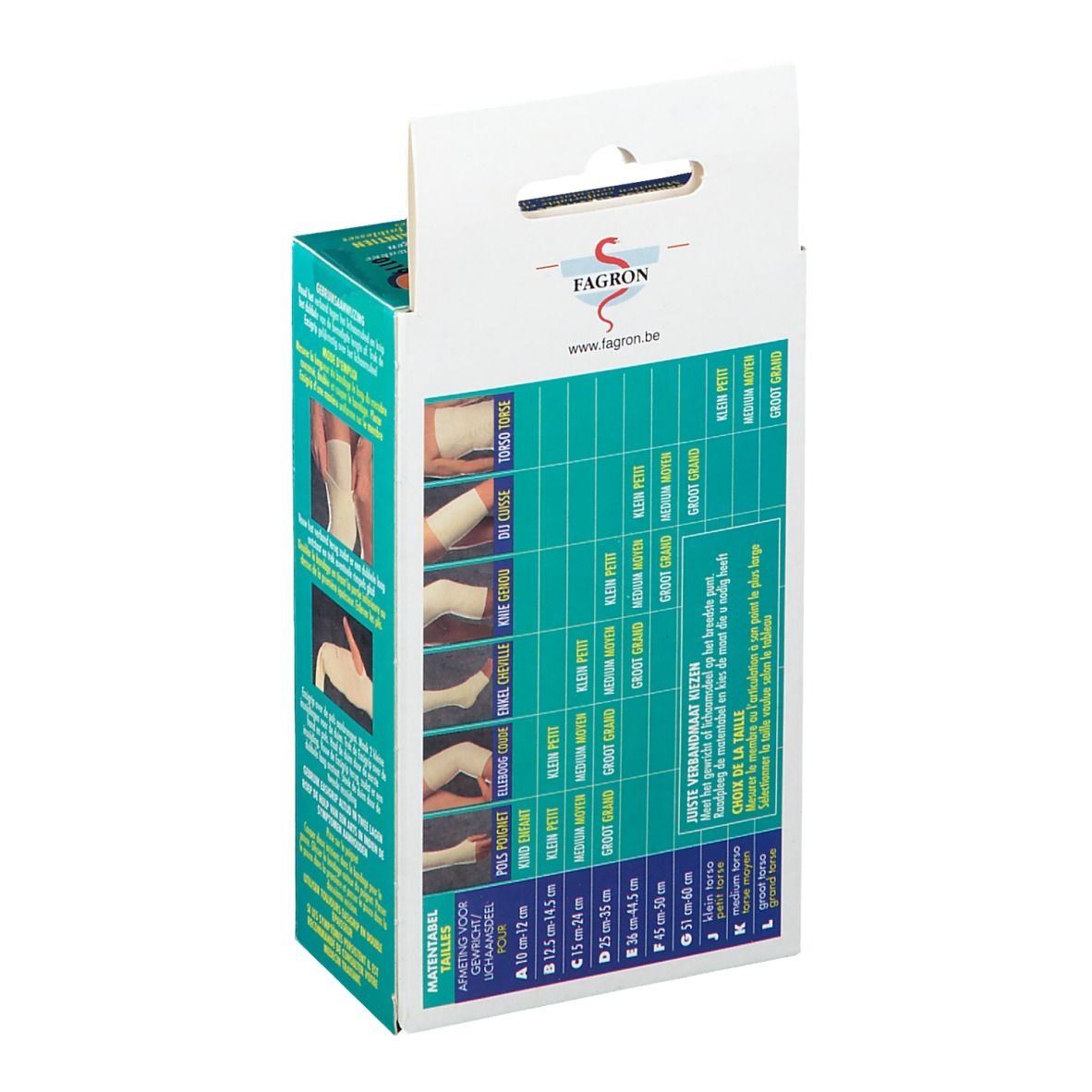 Dos de l'emballage Easigrip. Tableau des tailles des bandages. Marque Fagron. Texte multilingue.