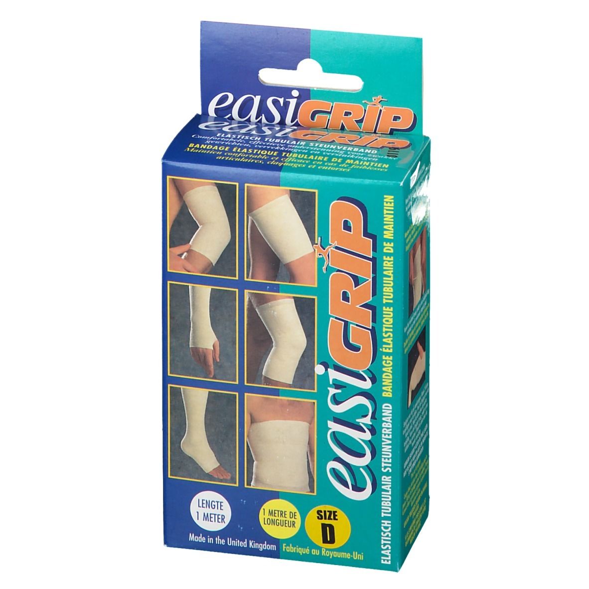 Face avant de l'emballage Easigrip. Montre des applications de bandage sur jambe, bras et pied. Taille D, 1 mètre.