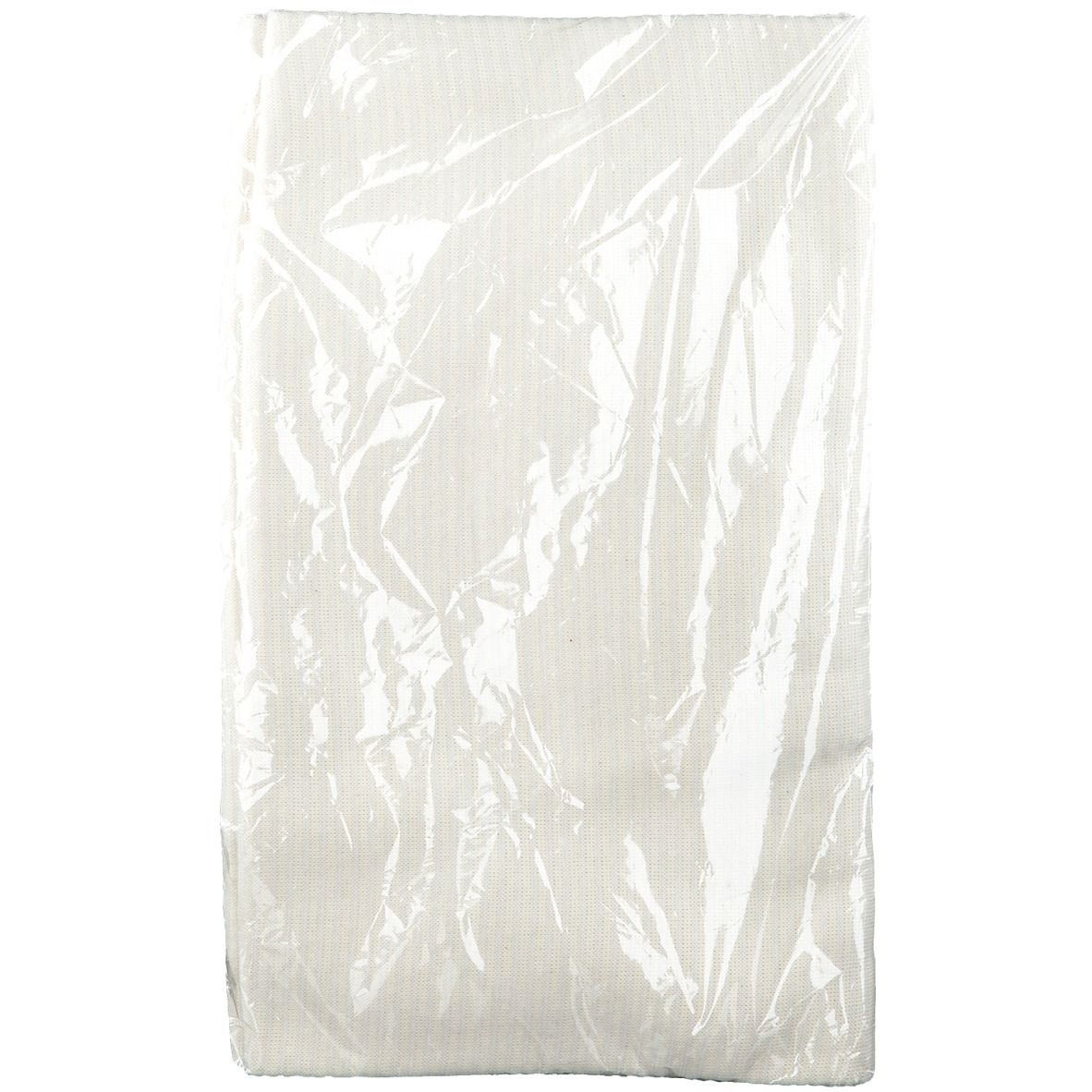 Produit textile blanc rectangulaire dans un emballage plastique transparent.