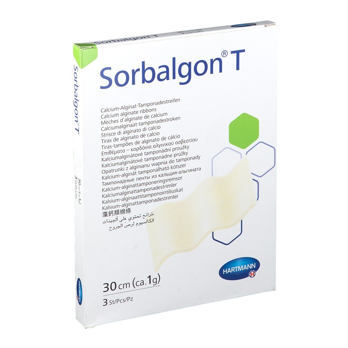 Boîte de Sorbalgon T. Contient 3 pièces. Inscription: 30cm (ca. 1g). Logo Hartmann. Nom du produit et description en plusieurs langues.